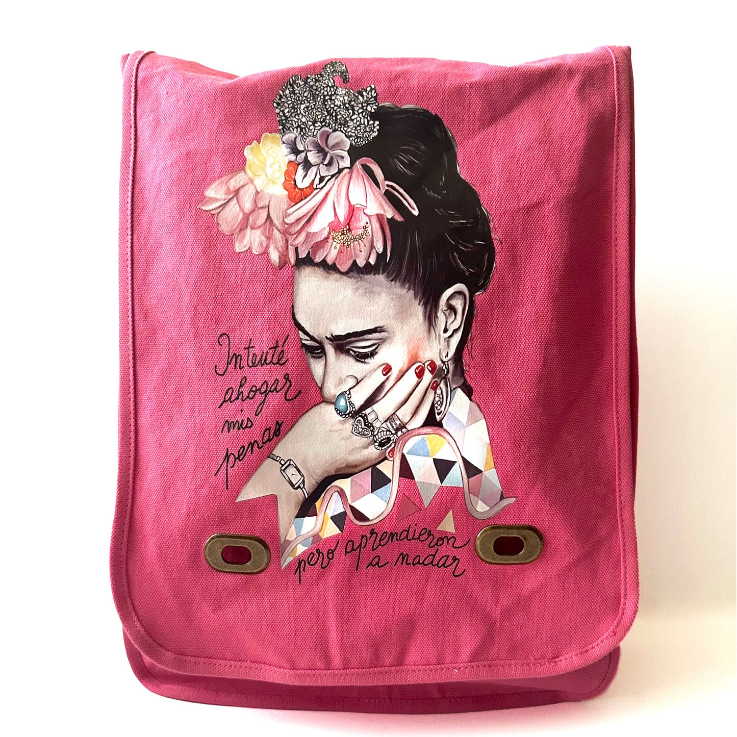 Trendy Frida Kahlo pink soft cotton canvas shoulder or crossbody bag with adjustable strap. Cute, colorful, original fashion accessory for women and girls. Frida floral illustration and famous artist quote.