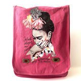 Trendy Frida Kahlo pink soft cotton canvas shoulder or crossbody bag with adjustable strap. Cute, colorful, original fashion accessory for women and girls. Frida floral illustration and famous artist quote.