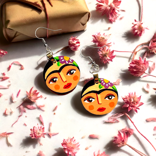 Floral Hand Painted Frida Earrings Girl Wooden Dangle Drop Earrings Wearable Art Mexican Jewelry Fridalovers Artwear Circle Wooden Earrings