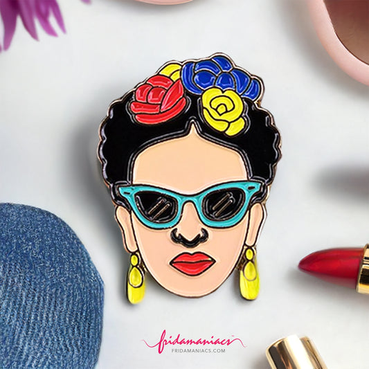 Frida Kahlo Enamel Pin with Flowers and sunglasses. colorful summer fashion accessorie for girls. Frida pin. Fridamaniacs Fridalovers gift idea. outdoor fun adventures with family and friends.