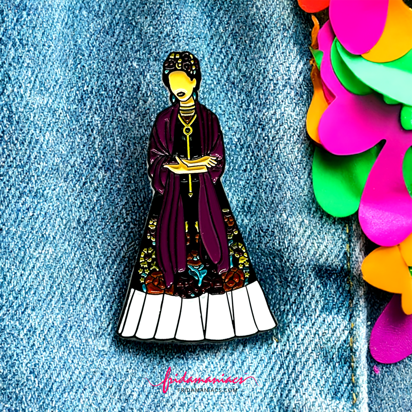 Frida Kahlo Traditional Dress Enamel Pin - Metallic Brooch