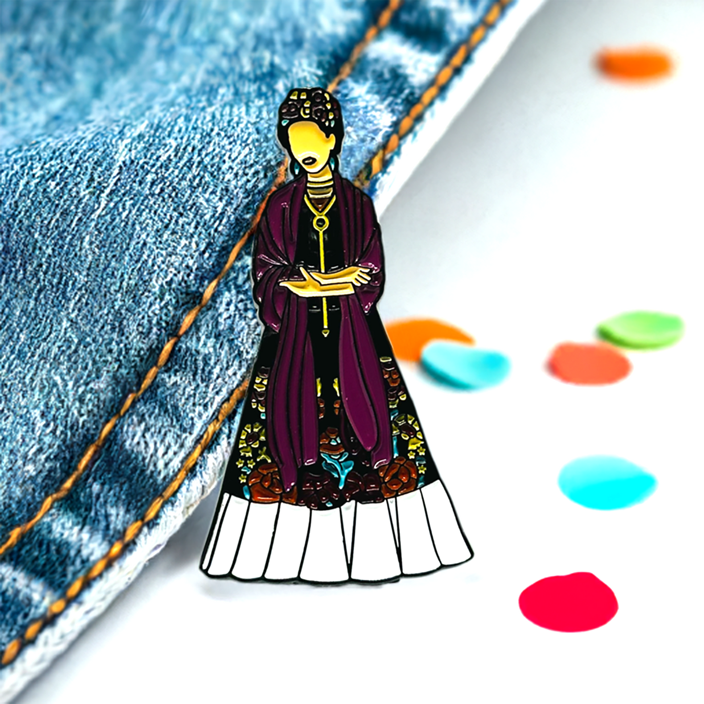 Frida Kahlo Traditional Dress Enamel Pin - Metallic Brooch