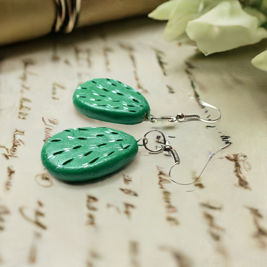 Green carved avocado clay earrings 