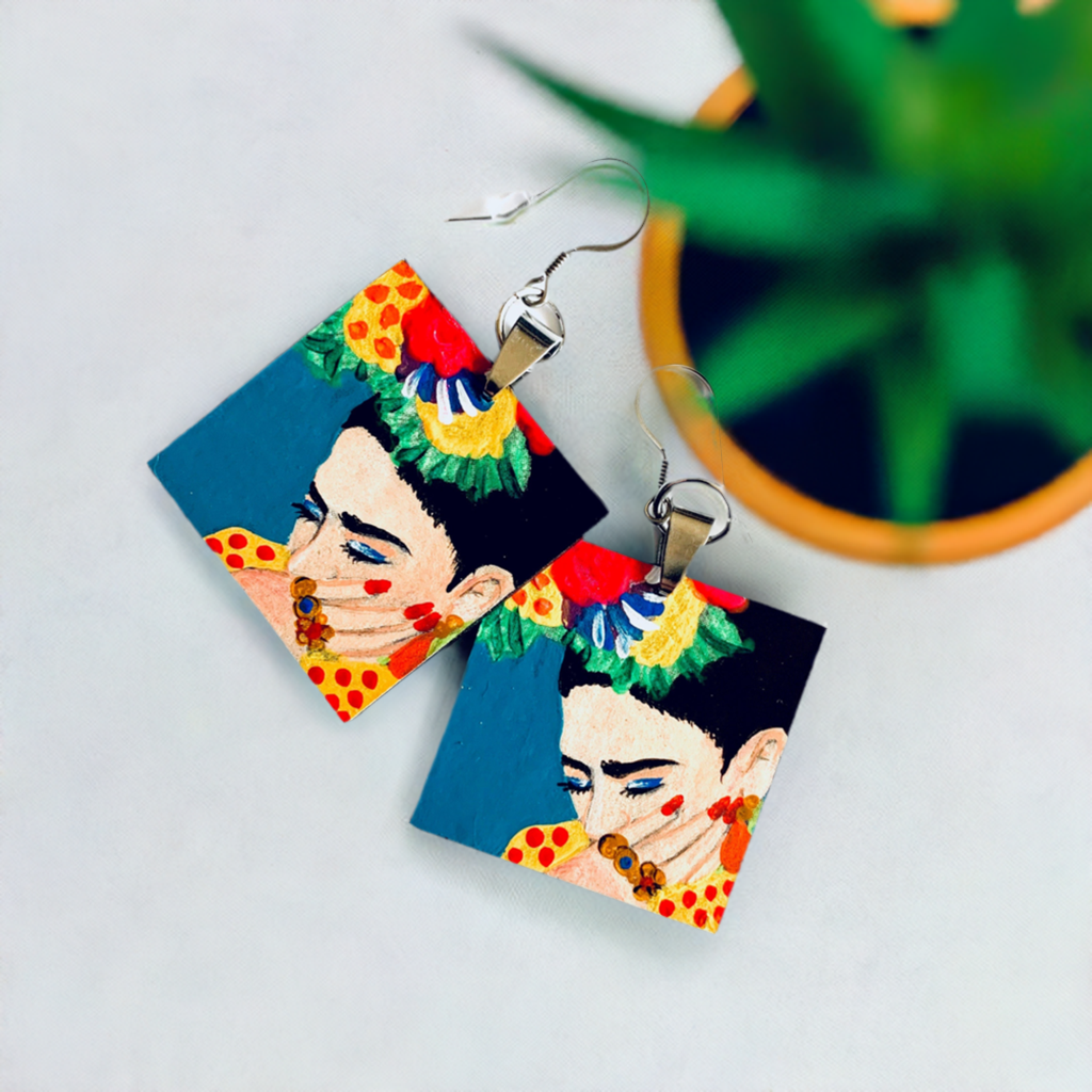 Hand painted Frida Kahlo inspired earrings. Colorful acrylic paint from Mexico folk art. Square wooden drop and dangle earrings for women. Mexican jewelry. Fridamaniacs. Fridalovers. Mexicanias. Marvelous gift idea for women