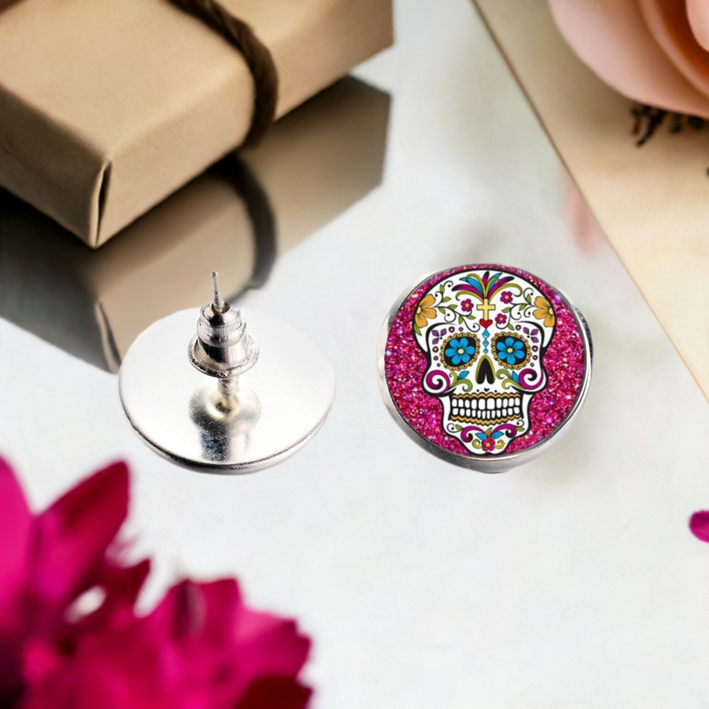 Mexican sugar skull cabochon stud earrings for girls. Original and cute gift idea.
