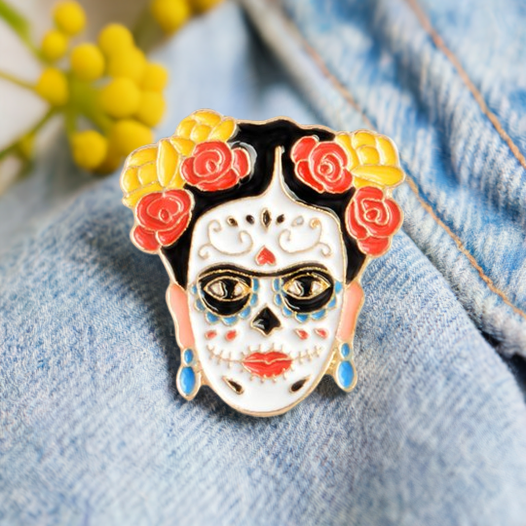 Frida Kahlo Floral Day of the Dead enamel pin. Mexican jewelry. Mexican pin back button