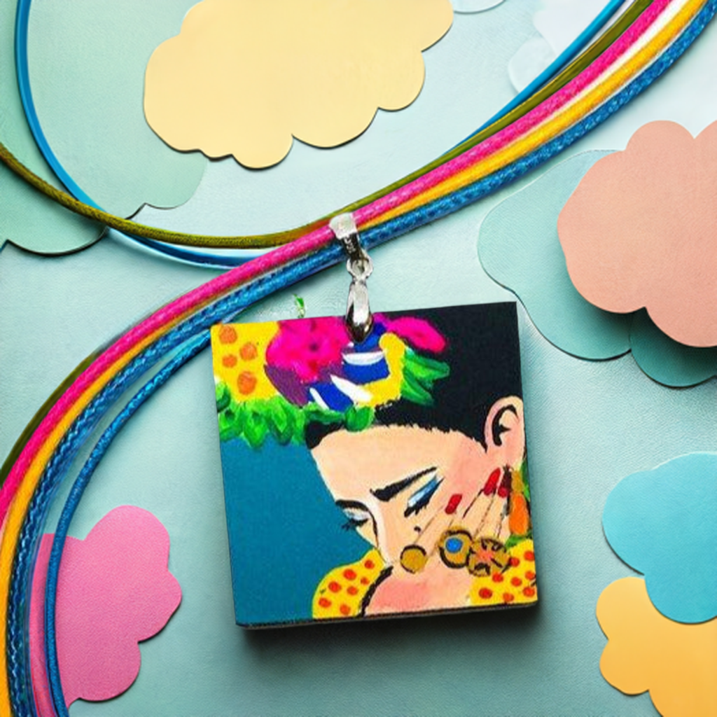 Uniquely designed and colorful Frida Kahlo inspired square pendant with multicolored waxed ropes and silver bail for fridamaniacs, fridalovers, and frida fans. Mexican necklace. Mexican jewelry. Mexico folk art. Cool and original gift idea for women and girls