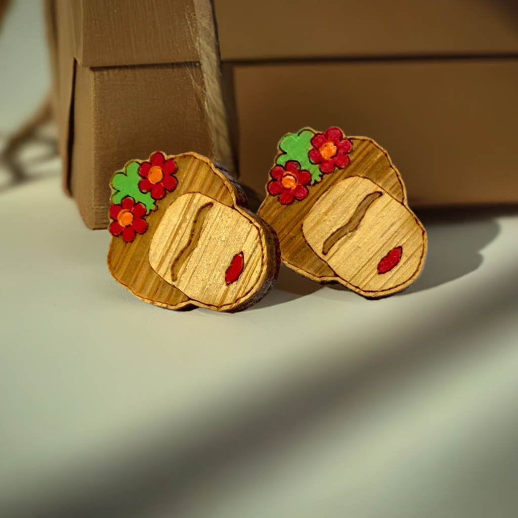 Frida Kahlo Earrings made of bamboo and painted by band with iconic Mexican artist eyebrows, red lips, and flowers. Mexican earrings for girls or Frida fans, Fridamaniacs, or Frida Lovers.