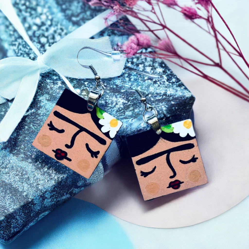 Lovingly Painted Square Wooden Frida Earrings
