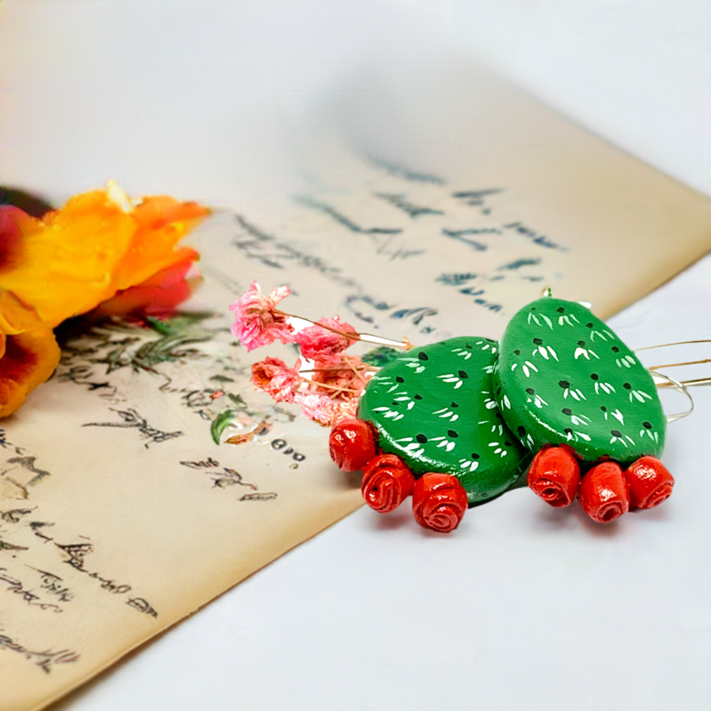 Marvelous Handpainted Cactus Clay Earrings. Fresh green and Vivid Red desert cactus flowers. Mexican earrings for women and girls. Mexican jewelry. Mexico folk art. Great Gift idea for Frida Kahlo fans, fridamaniacs, fridamania, fridalovers