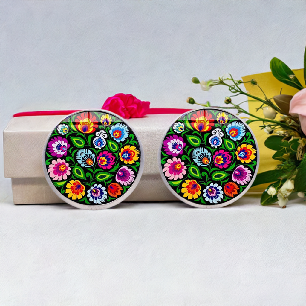 Multicolored Silver Mexican Floral Stud Cabochon Earrings