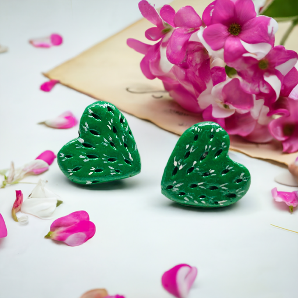 Carved Heart Cactus Earrings hand painted and handmade by Mexican artisans. Mexico folk art. Mexican earrings. Mexican jewelry. Frida Kahlo inspired earrings - jewelry for women and gilrs. Mexicanias. Claywelry. Fridamaniacs. Fridalovers. Fridamania. Frida fans gift idea.