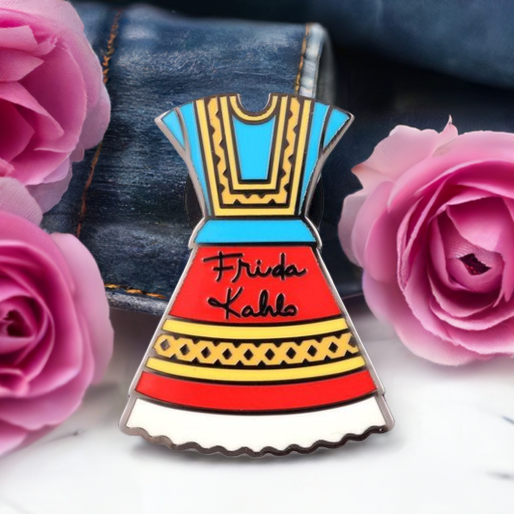 Frida Kahlo inspired Dress enamel pin for girls by Fridamaniacs and Mexicanias. Frida Brooch. Pink back button.