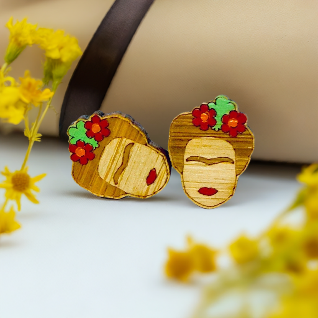 Frida Kahlo mini bamboo stud earrings for girls by fridamaniacs, fridalovers, fridamania, Mexican earrings, Mexican jewelry. Hand painted wooden earrings.