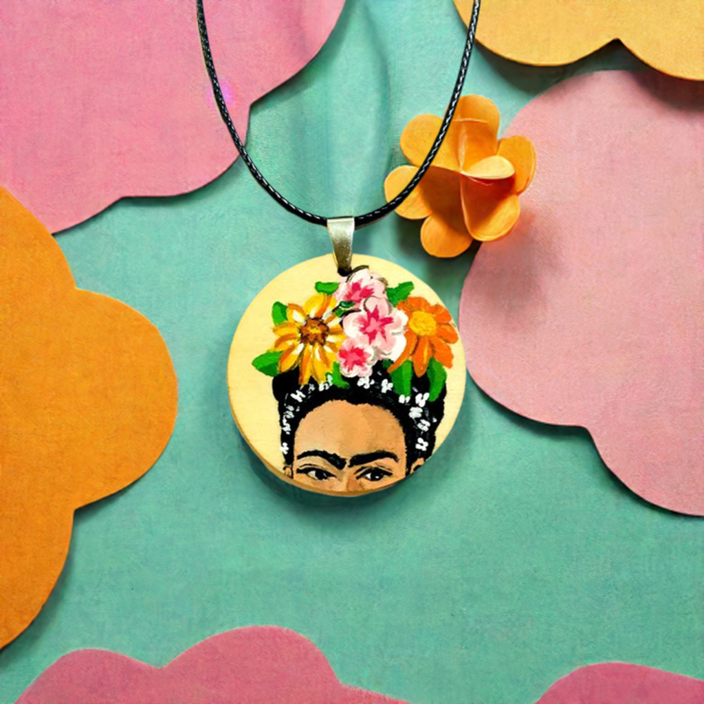 Hand painted Frida Kahlo inspired wooden circular pendant necklace for girls with Mexican artist portrait and floral flowers by fridamaniacs, fridalovers, Mexican necklace, Mexican jewelry for women and girls