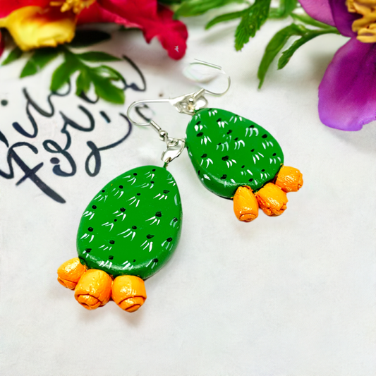 Hand painted Cactus Clay Earrings. Fresh green and Yellow-ish desert cactus flowers. Mexican earrings for women and girls. Mexican jewelry. Mexico folk art. Great Gift idea for Frida Kahlo fans, fridamaniacs, fridamania, fridalovers