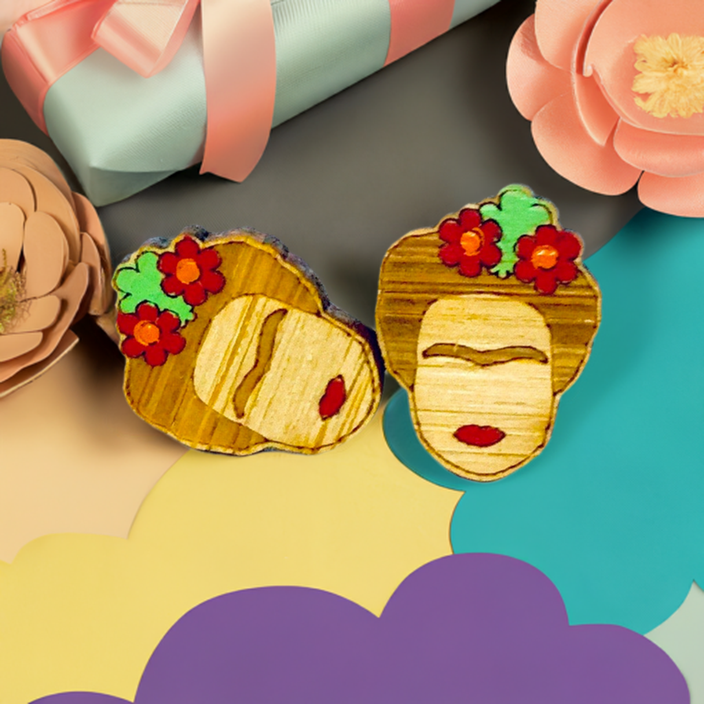 Floral Mini Bamboo Frida Kahlo inspired handpainted bamboo stud earrings with red flowers, green  leaves, iconic eyebrows, and red lips for fridamaniacs, fridalovers, fridamania, frida fans girls. Cool gift idea. Mexican earrings. Mexican jewelry. Cute and original women jewelry accessories.