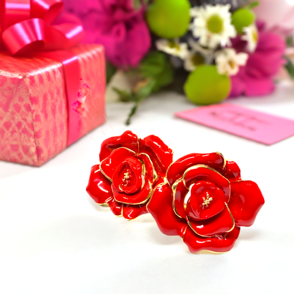 Mexican Red Rose Statement Enamel and Gold Stud Earrings
