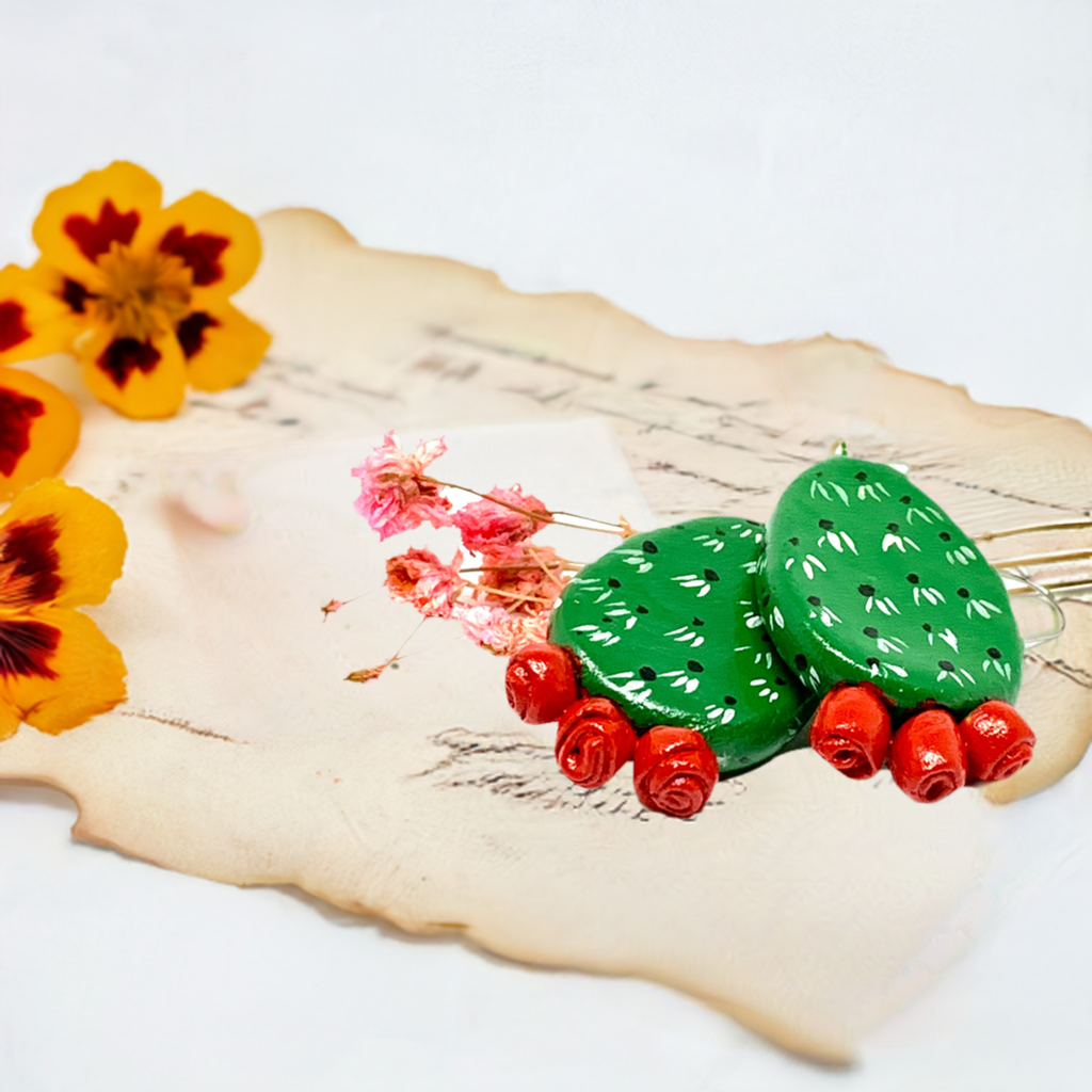 Marvelous Handpainted Cactus Clay Earrings. Fresh green and Vivid Red desert cactus flowers. Mexican earrings for women and girls. Mexican jewelry. Mexico folk art. Great Gift idea for Frida Kahlo fans, fridamaniacs, fridamania, fridalovers