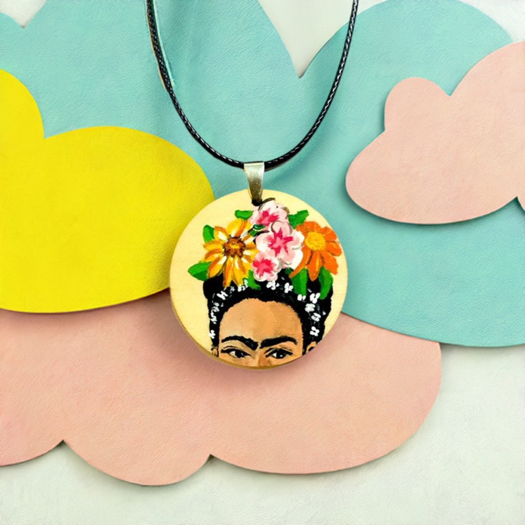 Frida Kahlo floral wood circular pendant 