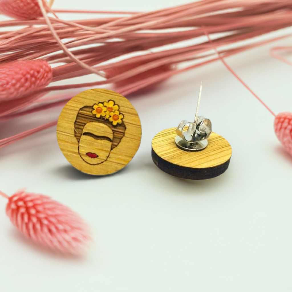 Frida Kahlo Earrings. Mini bamboo circular stud earrings with handpainted yellow flowers and red lips featuring iconic Mexican artist eyebrows. Portrait face. Cute gift idea for fridamaniacs, fridalovers, fridamania, frida fans. Mexican earrings. Mexican jewelry.