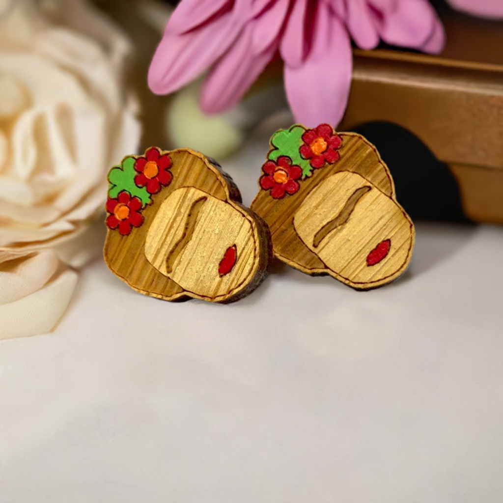 Frida Kahlo Earrings made of bamboo and painted by band with iconic Mexican artist eyebrows, red lips, and flowers. Mexican earrings for girls or Frida fans, Fridamaniacs, or Frida Lovers.