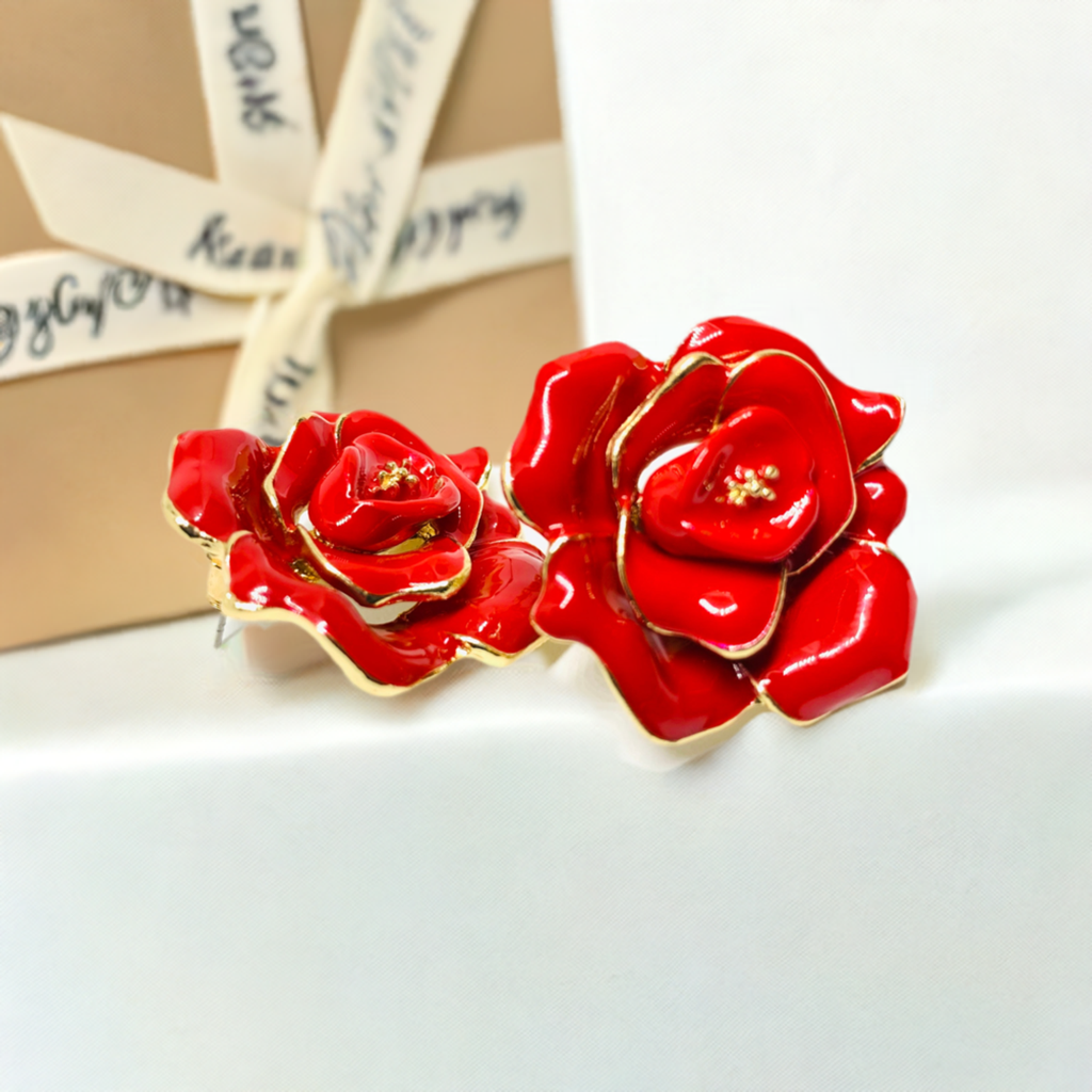 Mexican Red Rose Statement Enamel and Gold Stud Earrings