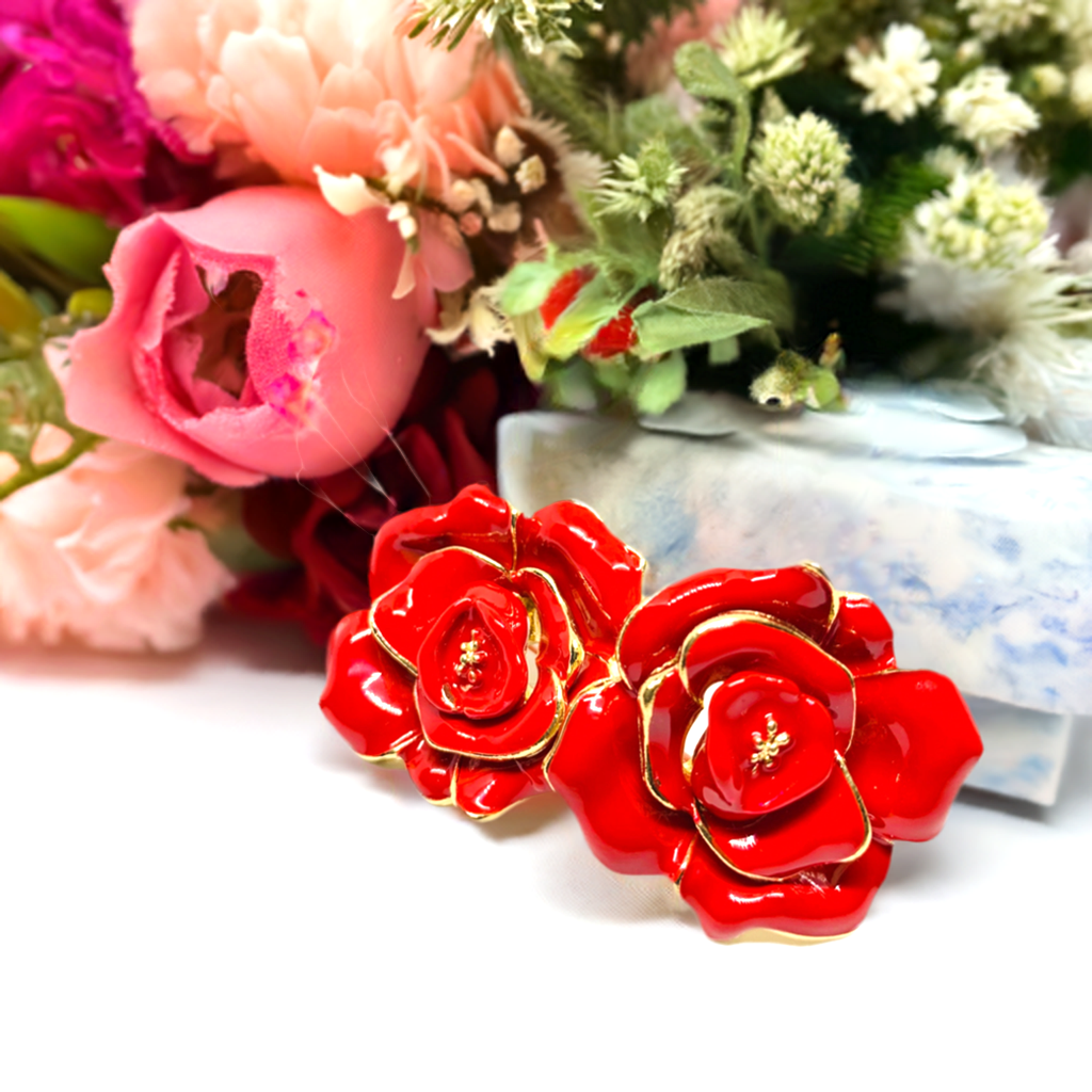 Mexican Red Rose Statement Enamel and Gold Stud Earrings
