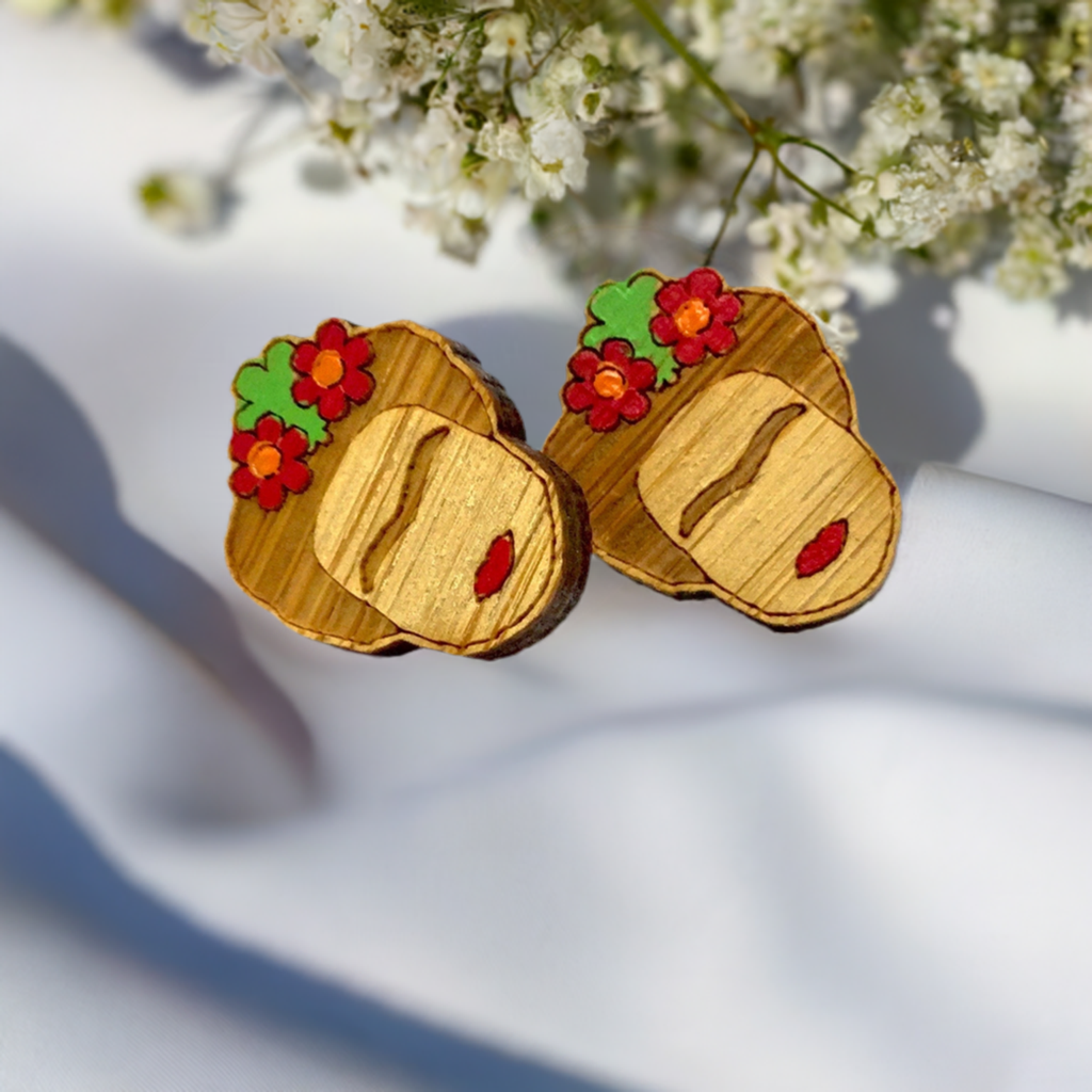 Frida Kahlo Earrings made of bamboo and painted by band  with iconic Mexican artist eyebrows, red lips, and flowers. Mexican earrings for girls or Frida fans, Fridamaniacs, or Frida Lovers.