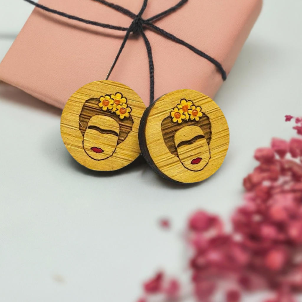 Frida Kahlo Earrings. Mini bamboo circular stud earrings with handpainted yellow flowers and red lips featuring iconic Mexican artist eyebrows. Portrait face. Cute gift idea for fridamaniacs, fridalovers, fridamania, frida fans. Mexican earrings. Mexican jewelry.