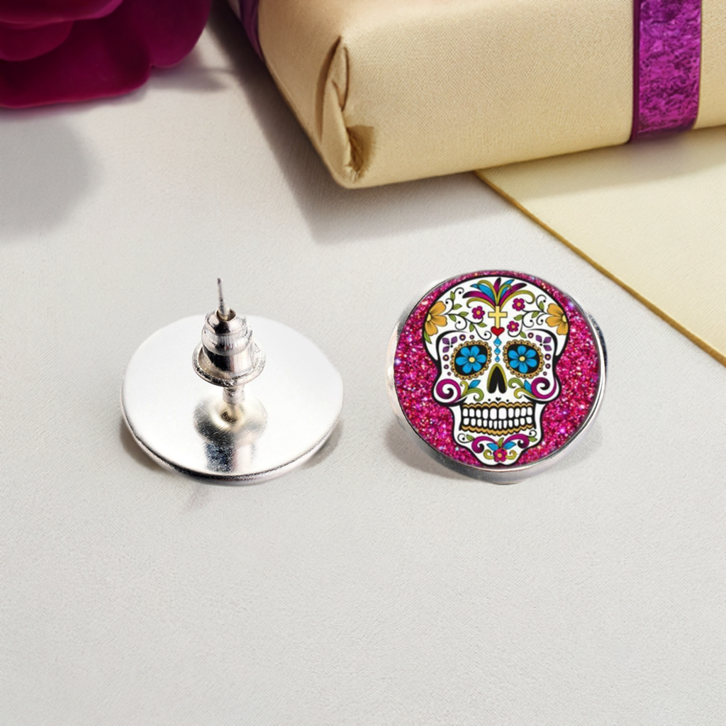 Mexican sugar skull cabochon stud earrings for girls. Original and cute gift idea.