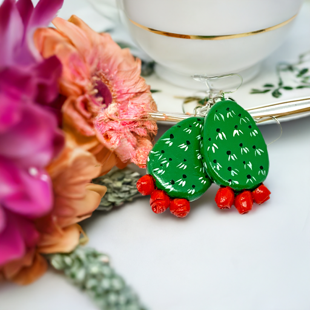 Colorful Clay Cactus Earrings. Handpainted with bright acrylic paint by Mexican artisans. Frida Kahlo inspired jewelry. Mexican earrings. Mexico folk art for girls and women. Fresh green and vivid fire red desert cactus flowers. Great gift idea.