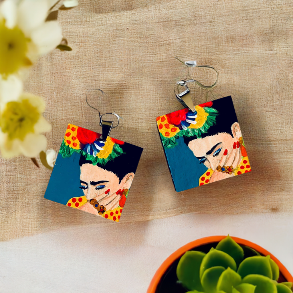 Hand painted Frida Kahlo inspired earrings. Colorful acrylic paint from Mexico folk art. Square wooden drop and dangle earrings for women. Mexican jewelry. Fridamaniacs. Fridalovers. Mexicanias. Marvelous gift idea for women