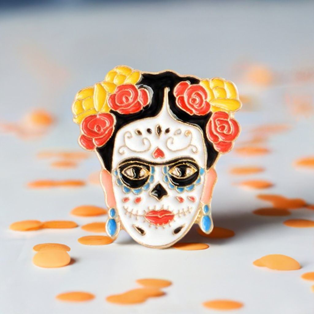 Frida Kahlo Floral Day of the Dead enamel pin. Mexican jewelry. Mexican pin back button