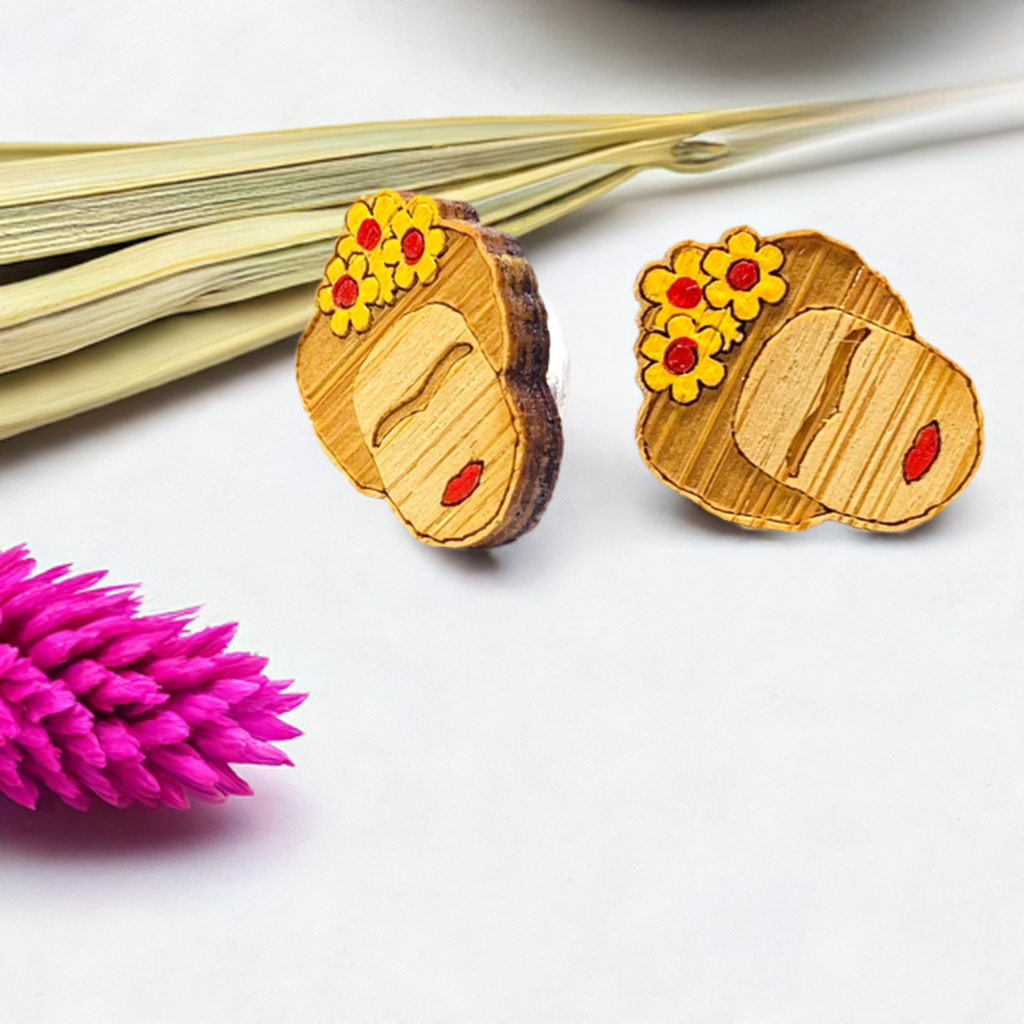 Hand painted bamboo wood Frida Kahlo earrings for girls with red lips and yellow flowers. Laser cut wood by Fridamaniacs. Fridamania. Fridalovers. Mexicaniacs. Mexican earrings. Mexican jewelry. Cute gift idea for young girls