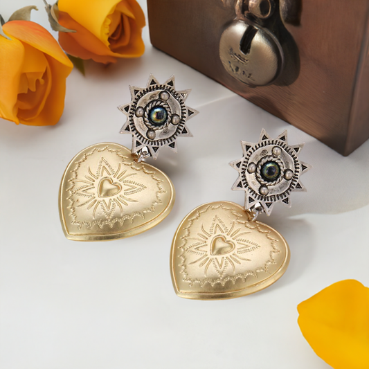 Antique gold tone carved heart earrings with rustic silver stars earrings. Mexican earrings. Mexican Jewelry. Mexicanias drop and dangle earrings for women inspired by Frida Kahlo