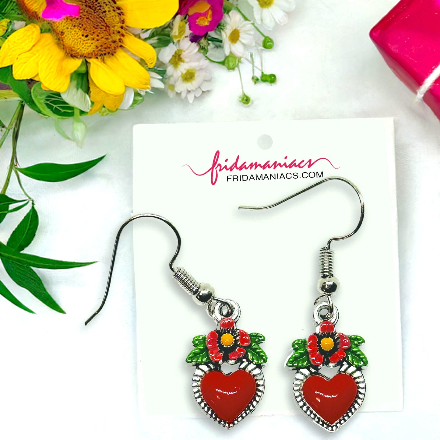 Flowered heart enamel earrings. Small red heart with pink flowers with yellow center and green leaves. Gorgeous Frida Kahlo inspired earrings. Mexican earrings. Mexican jewelry for girls and women. Drop and dangle.