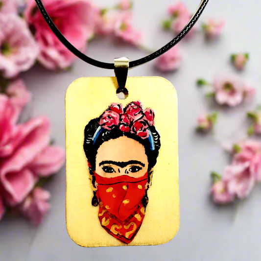 Feminist Frida Inspired Wood Pendant Necklace