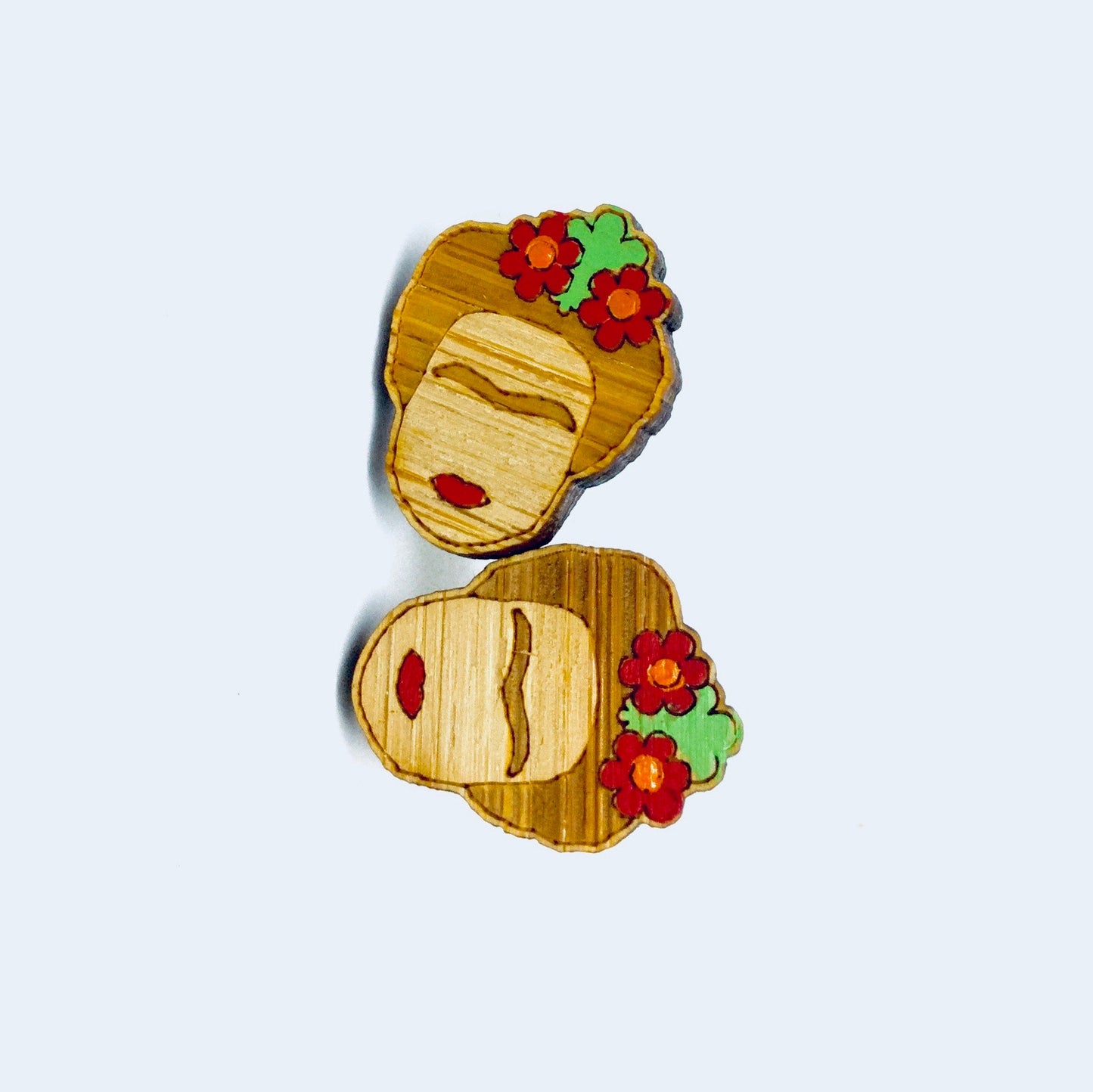 Bamboo Frida Earrings Hand Painted Red Floral Wooden Frida Inspired Earrings Mexican Jewelry Wearable Art Aretes Girl Stud Earrings Artwear
