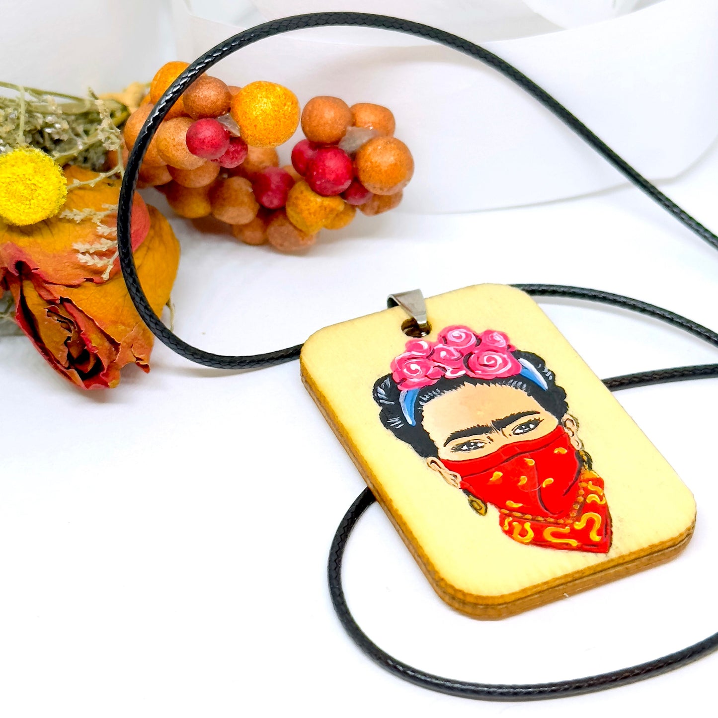 Rebel Frida Inspired Handpainted Wooden Pendant Necklace Fridalovers Art To Wear Fashion Feminist Mexican Artist Portrait Bohemian Accessory