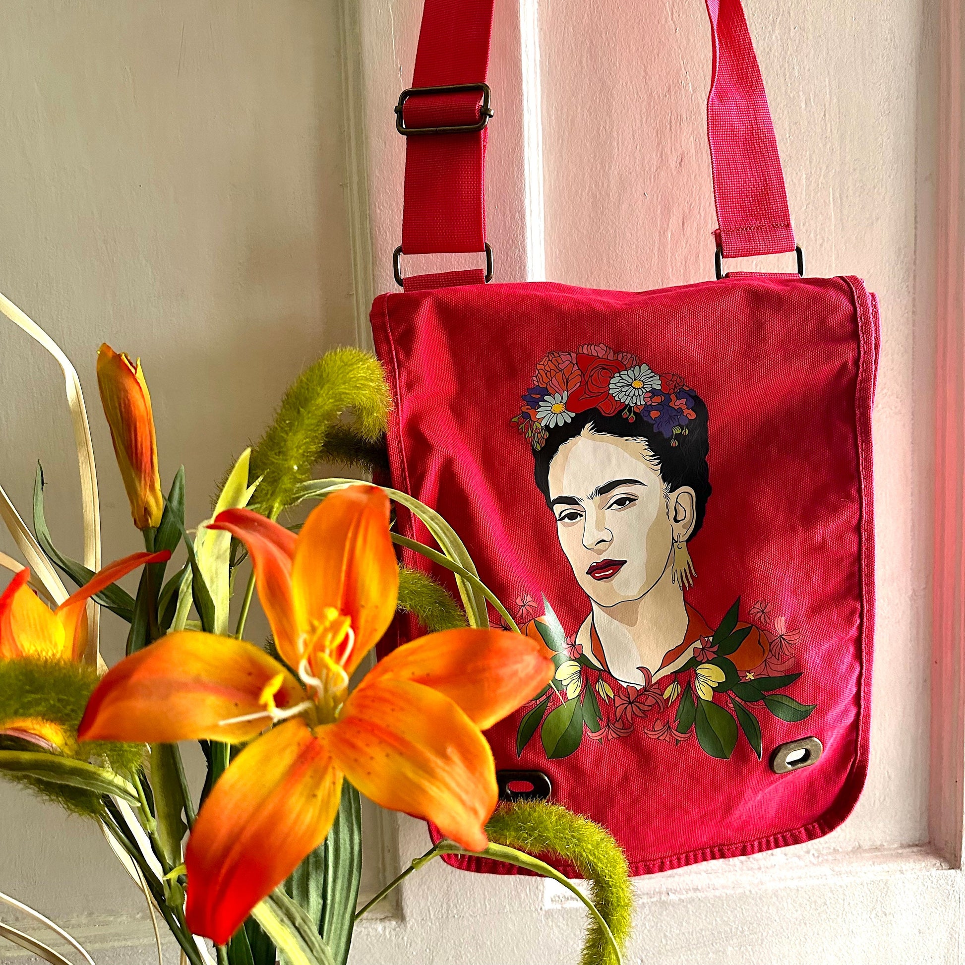 Glamorous Frida Inspired Bag Fuchsia Pink-Red Color Crossbody Shoulder Canvas Bag for Girls and Women Fridalovers Fashion Mother's Day Gift