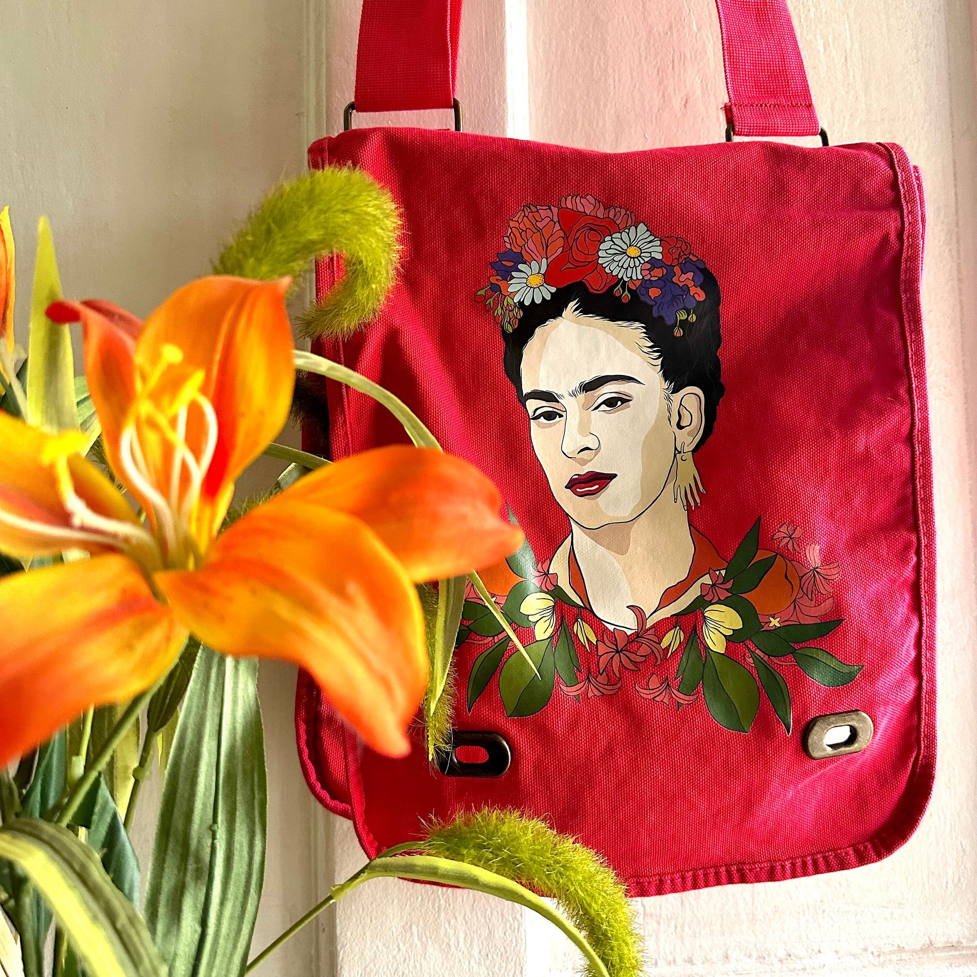 Glamorous Frida Inspired Bag Fuchsia Pink-Red Color Crossbody Shoulder Canvas Bag for Girls and Women Fridalovers Fashion Mother's Day Gift