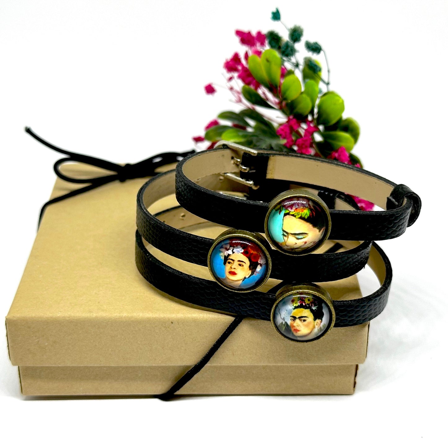 Lovely Frida Inspired Charm Bracelet Set for Girls Casual Fashion Summer Fun Spring Cute Birthday Gift Idea Black Leather Adjustable Straps