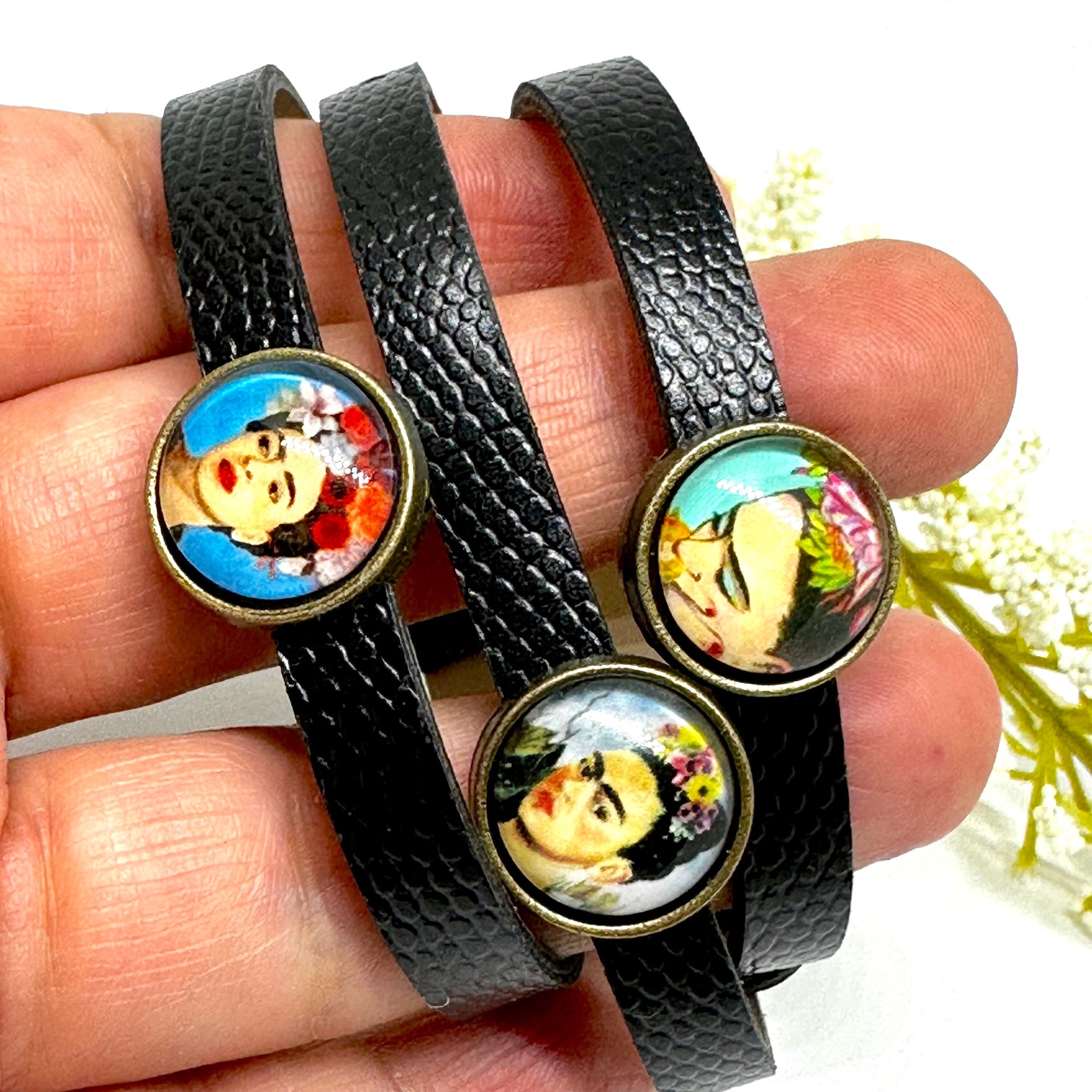 Lovely Frida Inspired Charm Bracelet Set for Girls Casual Fashion Summer Fun Spring Cute Birthday Gift Idea Black Leather Adjustable Straps