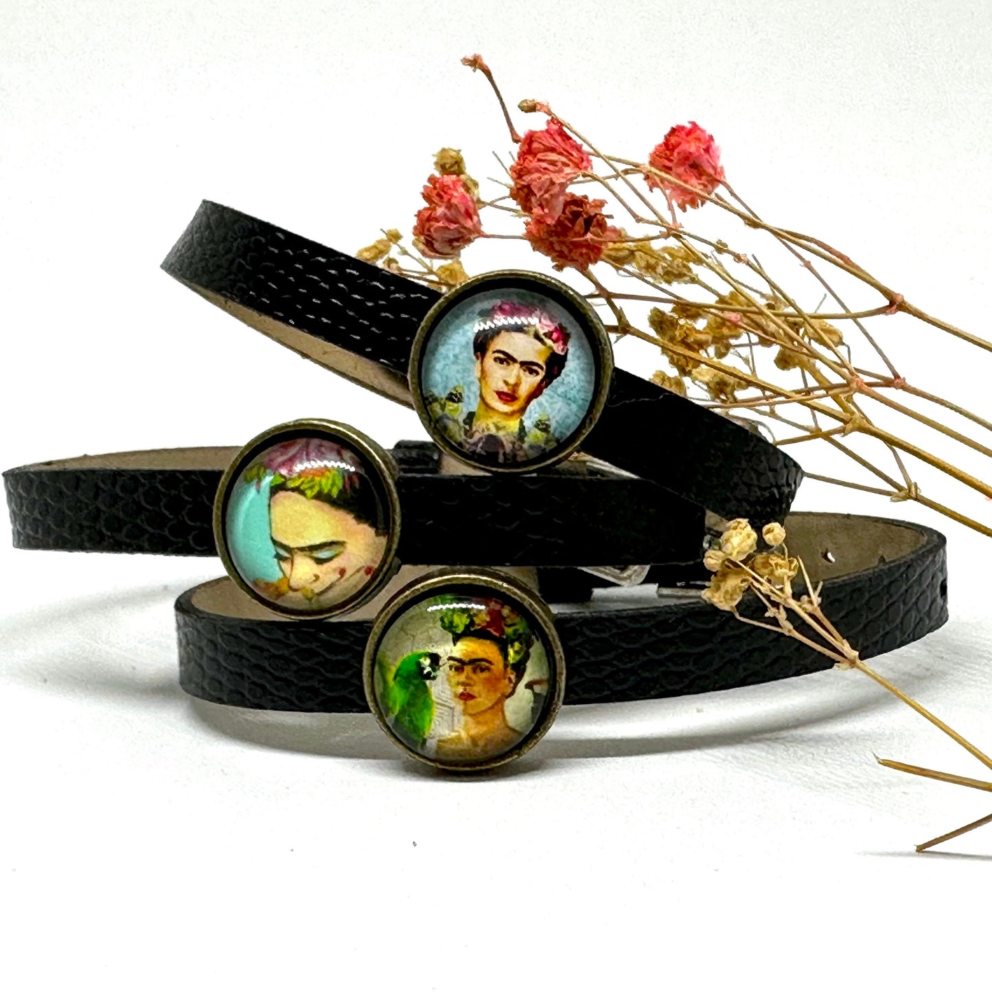 Charming Frida Inspired Bracelet Set for Girls Fashion Summer Spring Lovely Birthday Gift Cute Original Idea Adjustable Straps Black Leather