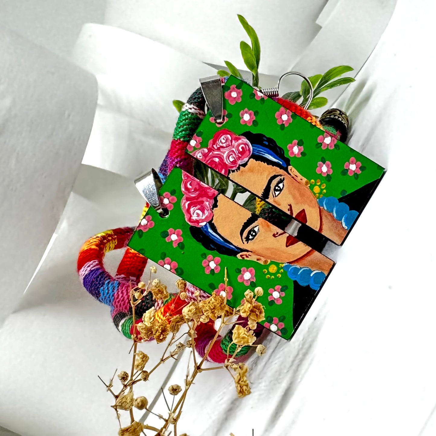 Cool Frida Inspired Earrings Hand Painted Artfully Designed Mexican Jewelry Mexico Folk Art to Wear Wooden Rectangular Asymmetrical Earrings