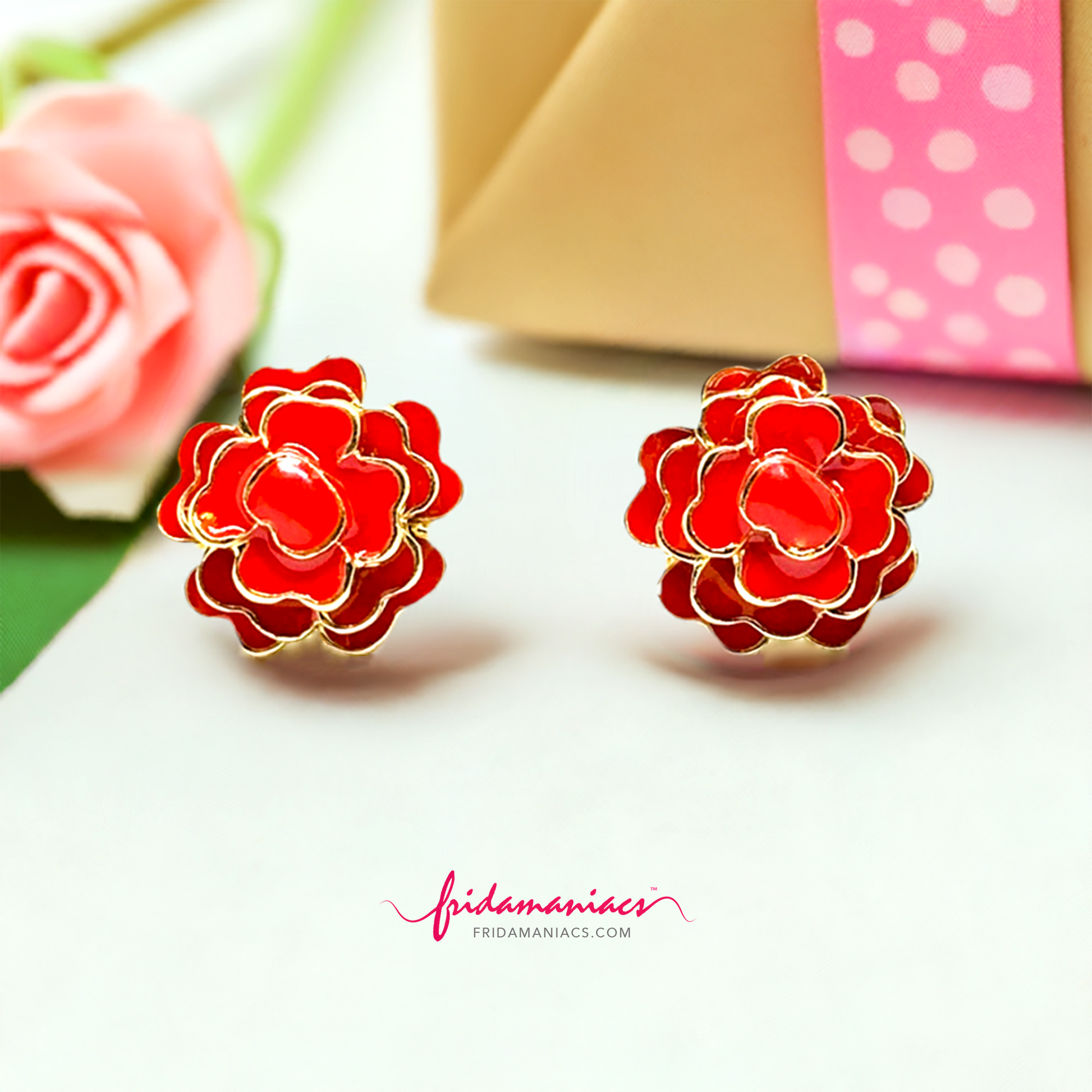 Stud red rose enamel mexican earrings jewelry with golden edges. Frida Kahlo inspired accessories.