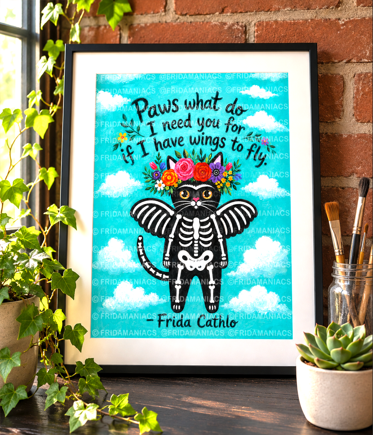 Black Cat Art Print: Whimsical Frida Cathlo™ Wall Decor (8.5 x 11 inch)