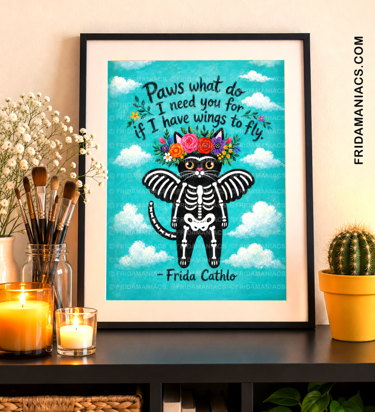 Black Cat Art Print: Whimsical Frida Cathlo™ Wall Decor (8.5 x 11 inch)