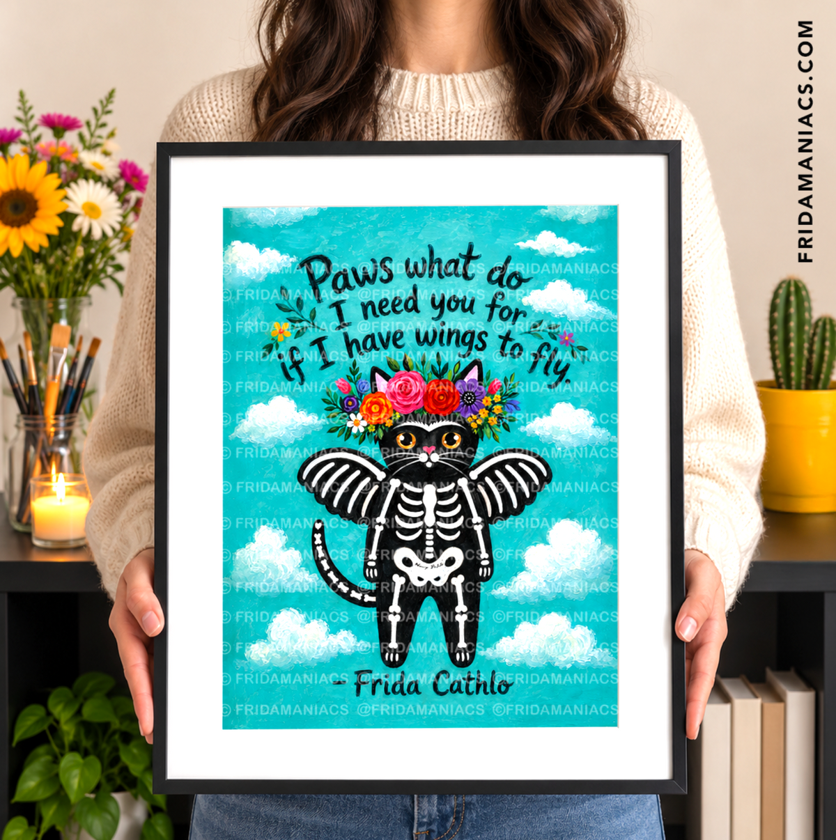Black Cat Art Print: Whimsical Frida Cathlo™ Wall Decor (8.5 x 11 inch)